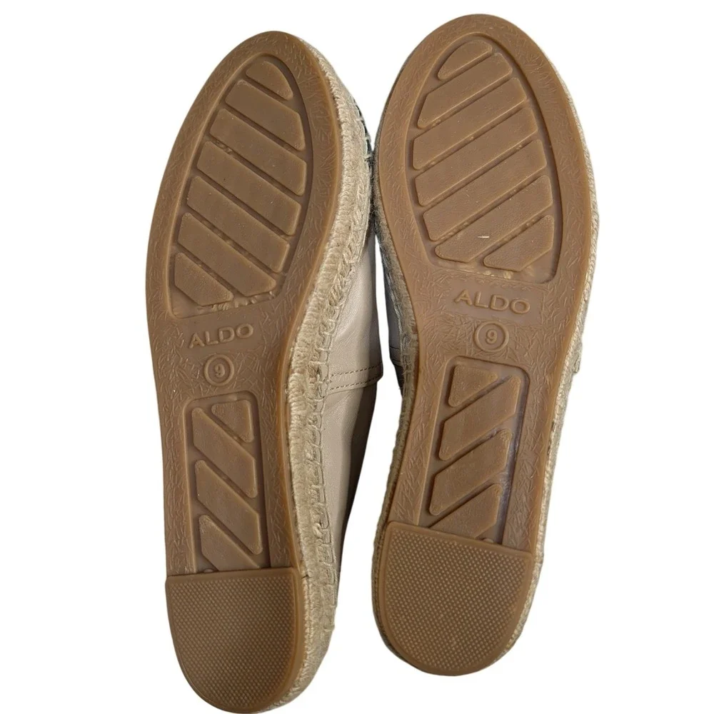 Aldo Womens Beige Leather Cap Toe Espadrille Flats Black Contrast Slip On Size 9